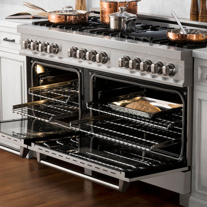ZLINE 60 in. 7.4 cu. ft. Legacy Dual Fuel Range with 9 Burner Gas Cooktop and 2 Electric Convection Ovens in Satin Stainless Steel (RAS-SN-60)
