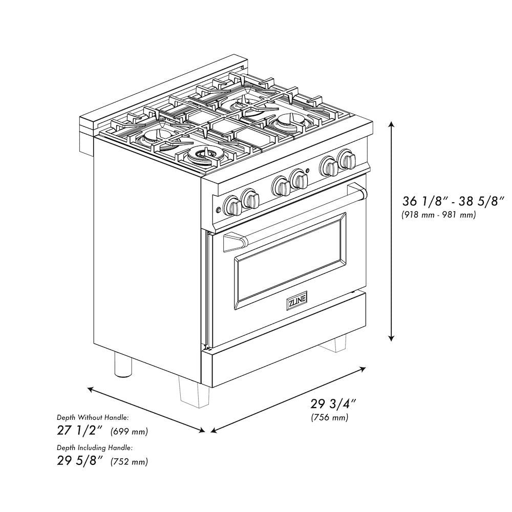 ZLINE 30 in. 4.0 cu. ft. Legacy Dual Fuel Range with Gas Cooktop and Electric Convection Oven in Satin Stainless Steel with 4 Brass Burners (RAS-SN-BR-30)