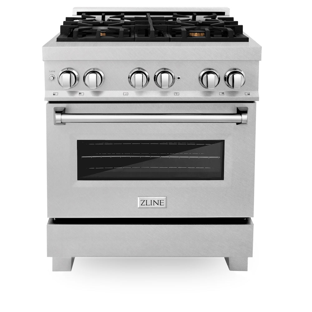ZLINE 30 in. 4.0 cu. ft. Legacy Dual Fuel Range with Gas Cooktop and Electric Convection Oven in Satin Stainless Steel with 4 Brass Burners (RAS-SN-BR-30)