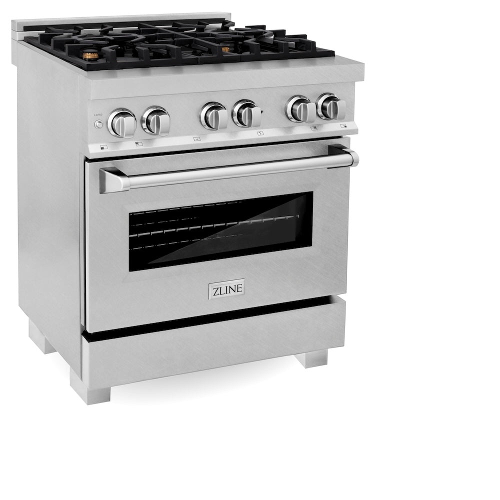 ZLINE 30 in. 4.0 cu. ft. Legacy Dual Fuel Range with Gas Cooktop and Electric Convection Oven in Satin Stainless Steel with 4 Brass Burners (RAS-SN-BR-30)