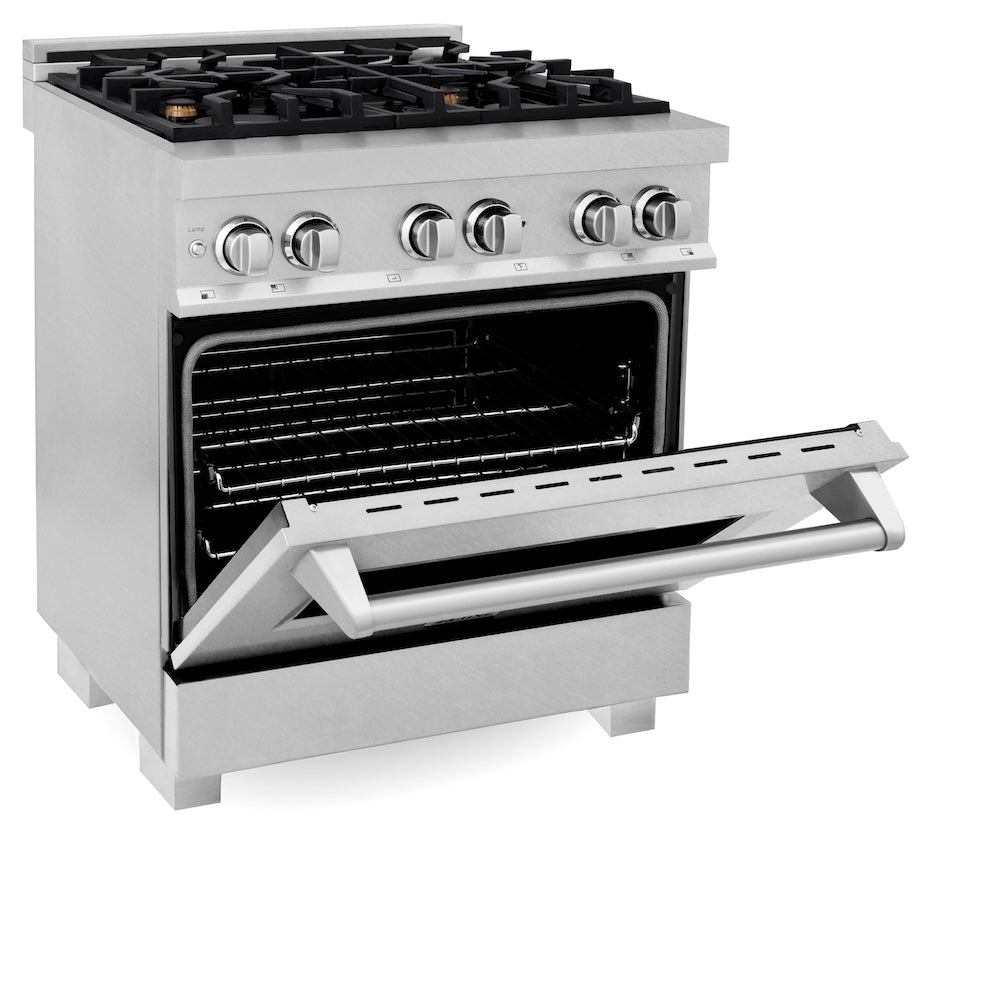 ZLINE 30 in. 4.0 cu. ft. Legacy Dual Fuel Range with Gas Cooktop and Electric Convection Oven in Satin Stainless Steel with 4 Brass Burners (RAS-SN-BR-30)