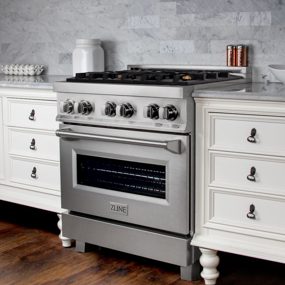 ZLINE 30 in. 4.0 cu. ft. Legacy Dual Fuel Range with Gas Cooktop and Electric Convection Oven in Satin Stainless Steel with 4 Brass Burners (RAS-SN-BR-30)