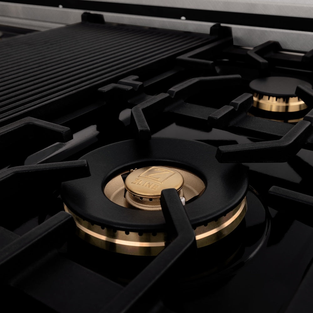 ZLINE 48 in. 6.0 cu. ft. Legacy Dual Fuel Range with Gas Cooktop and 2 Electric Ovens in Satin Stainless Steel with 6 Brass Burners (RAS-SN-BR-48)