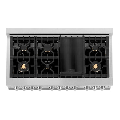 ZLINE 48 in. 6.0 cu. ft. Legacy Dual Fuel Range with Gas Cooktop and 2 Electric Ovens in Satin Stainless Steel with 6 Brass Burners (RAS-SN-BR-48)