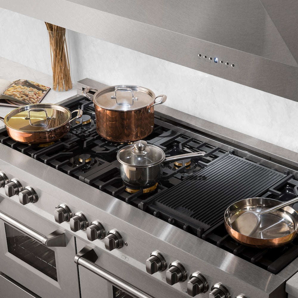 ZLINE 60 in. 7.4 cu. ft. Legacy Dual Fuel Range with Gas Cooktop and 2 Electric Convection Ovens in Satin Stainless Steel with 8 Brass Burners (RAS-SN-BR-60)