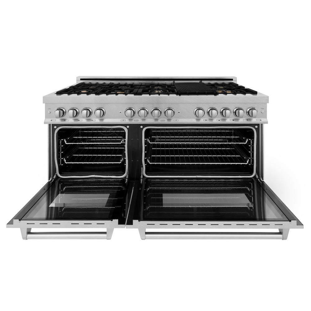 ZLINE 60 in. 7.4 cu. ft. Legacy Dual Fuel Range with Gas Cooktop and 2 Electric Convection Ovens in Satin Stainless Steel with 8 Brass Burners (RAS-SN-BR-60)