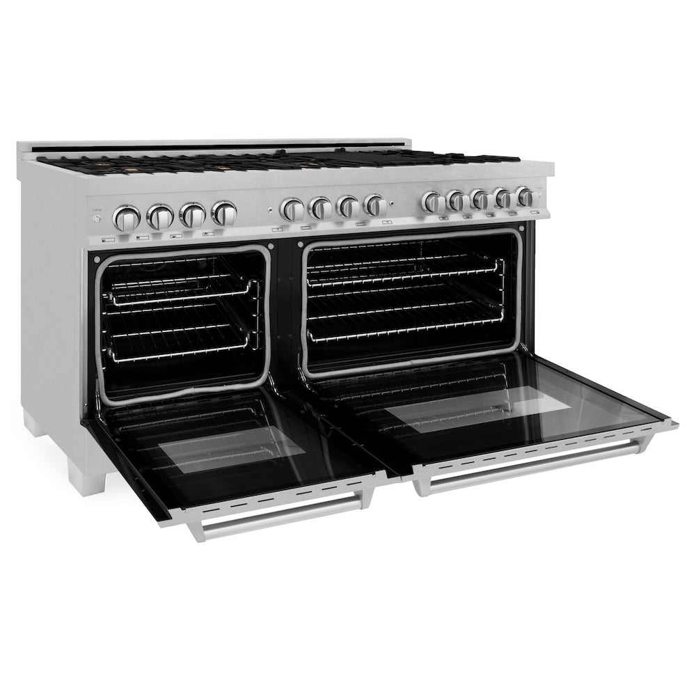 ZLINE 60 in. 7.4 cu. ft. Legacy Dual Fuel Range with Gas Cooktop and 2 Electric Convection Ovens in Satin Stainless Steel with 8 Brass Burners (RAS-SN-BR-60)