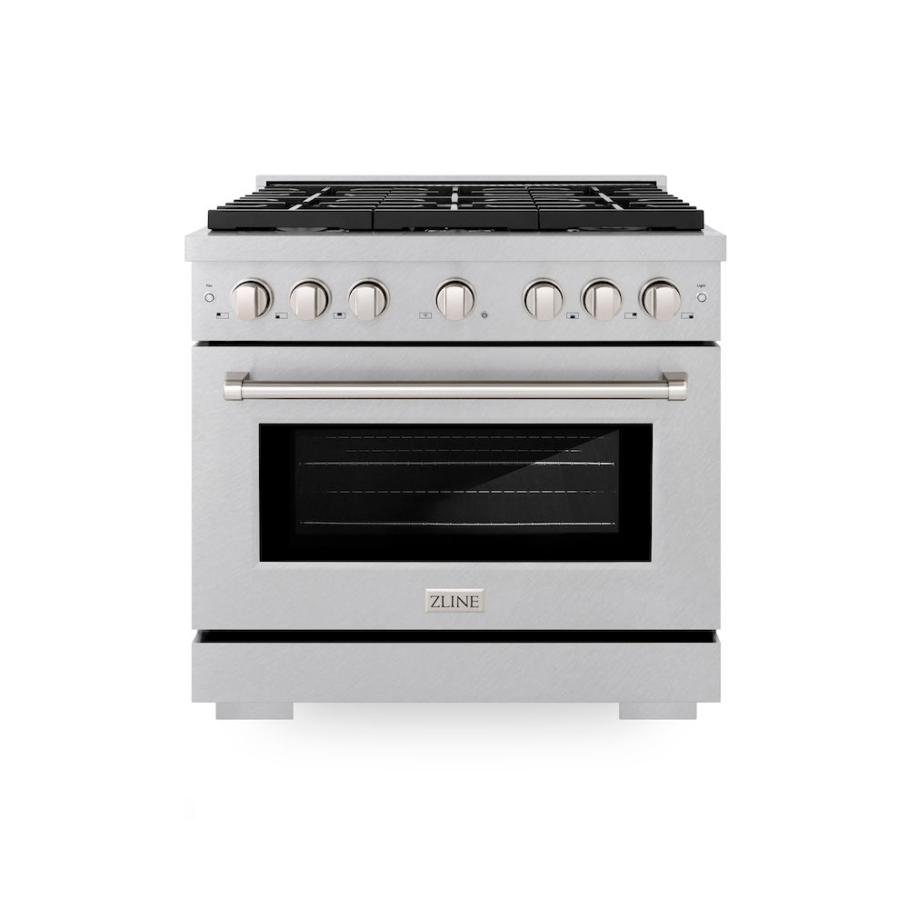 ZLINE 36 in. 5.2 cu. ft. Paramount Dual Fuel Range with 6 Burner Gas Cooktop and Electric Convection Oven in Satin Stainless Steel (SDRS-36)
