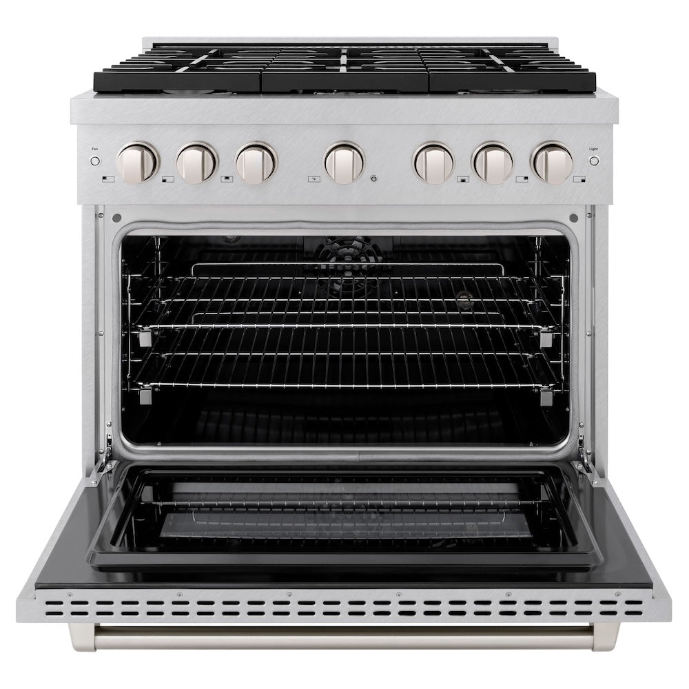ZLINE 36 in. 5.2 cu. ft. Paramount Dual Fuel Range with 6 Burner Gas Cooktop and Electric Convection Oven in Satin Stainless Steel (SDRS-36)