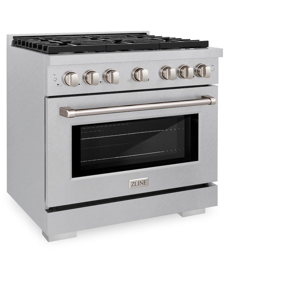 ZLINE 36 in. 5.2 cu. ft. Paramount Dual Fuel Range with 6 Burner Gas Cooktop and Electric Convection Oven in Satin Stainless Steel (SDRS-36)