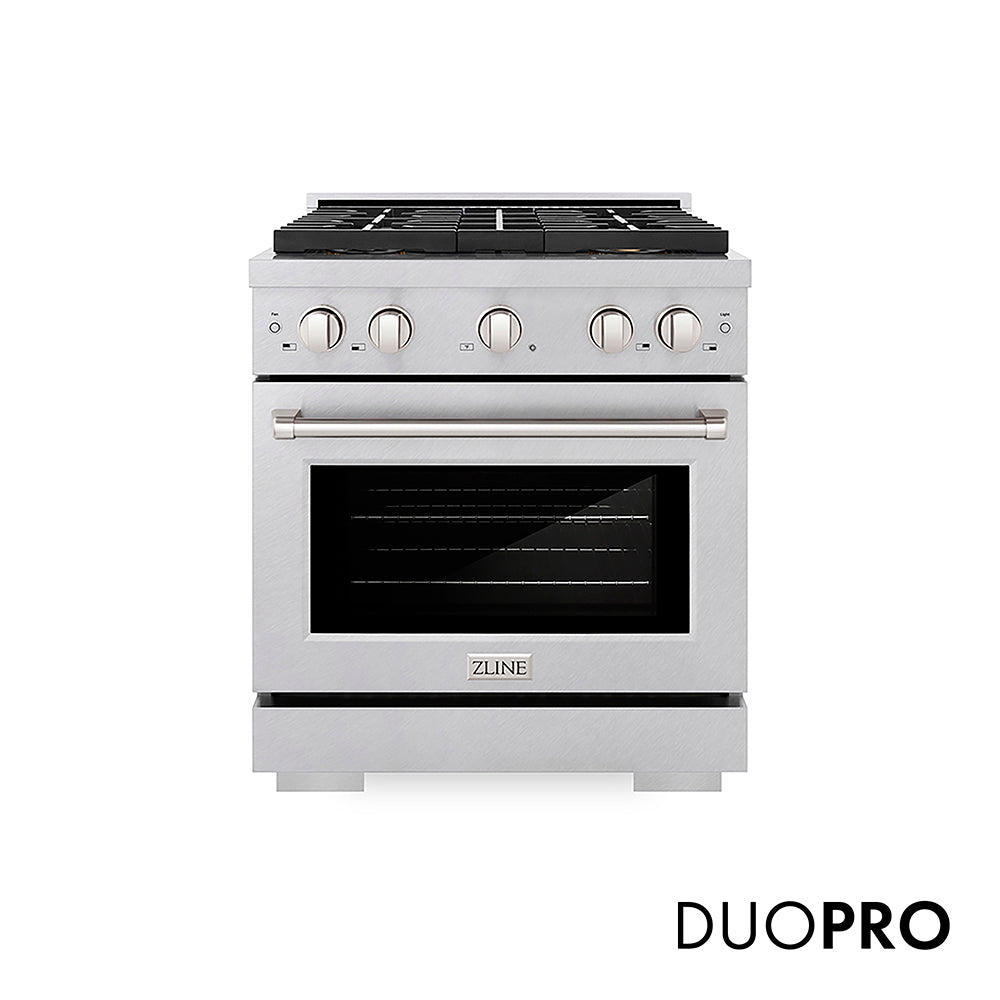 ZLINE 30 in. 4.2 cu. ft. Paramount Dual Fuel Range with 4 Burner DuoPro™ Cooktop and Electric Convection Oven in Satin Stainless Steel (PSDRS-30)