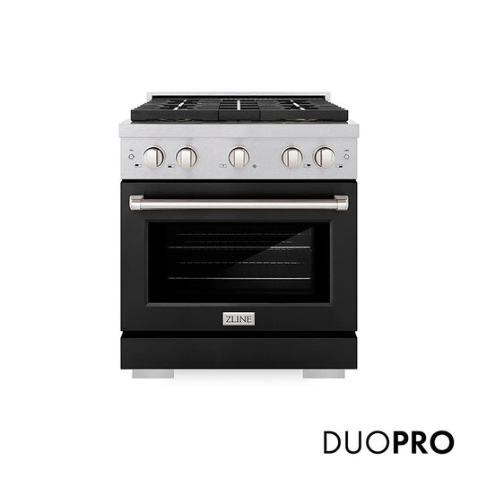 ZLINE 30 in. 4.2 cu. ft. Paramount Dual Fuel Range with 4 Burner DuoPro™ Cooktop and Electric Convection Oven in Satin Stainless Steel with Black Matte Door (PSDRS-BLM-30)