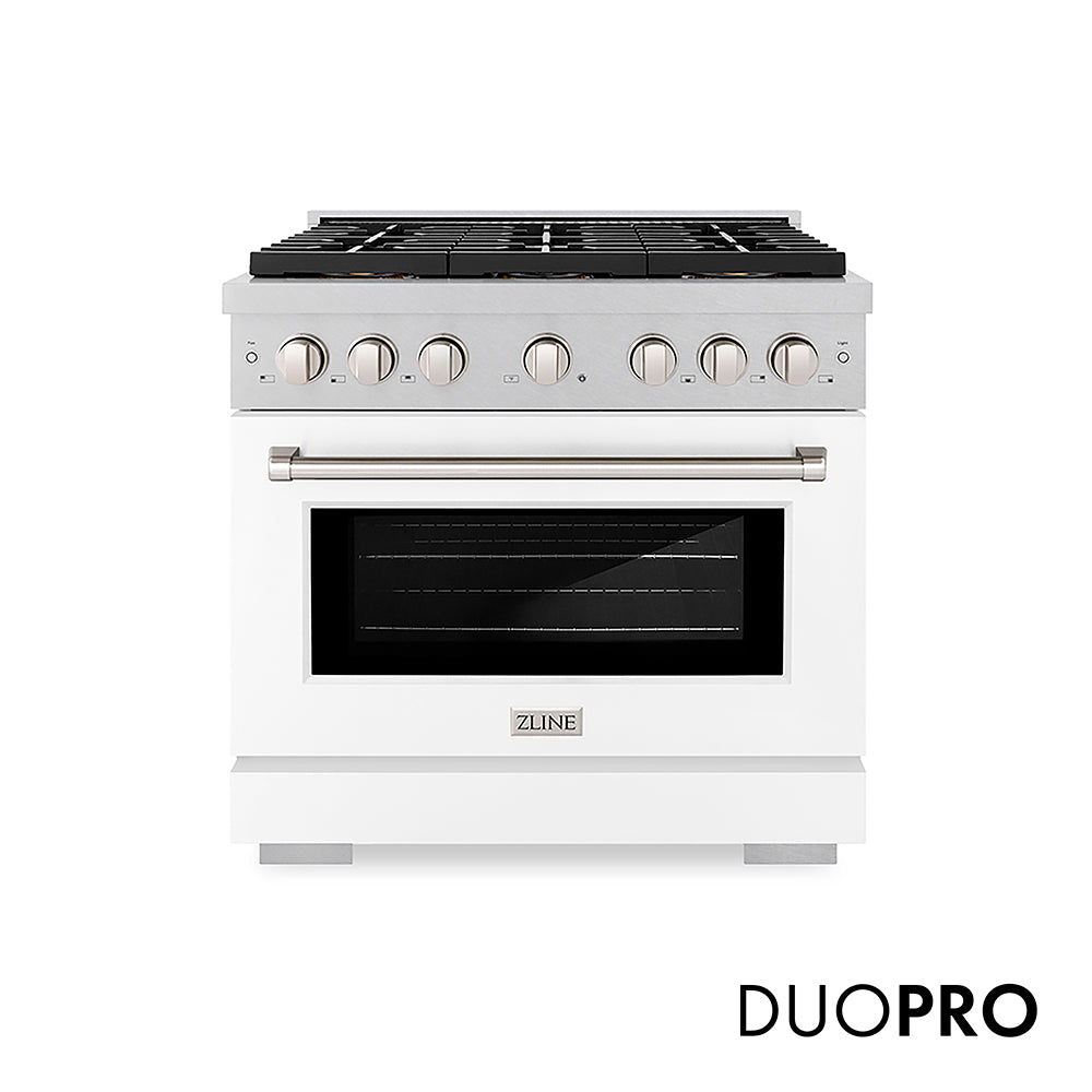 ZLINE 36 in. 5.2 cu. ft. Paramount Dual Fuel Range with 6 Burner DuoPro™ Cooktop and Electric Convection Oven in Satin Stainless Steel with White Matte Door (PSDRS-WM-36)