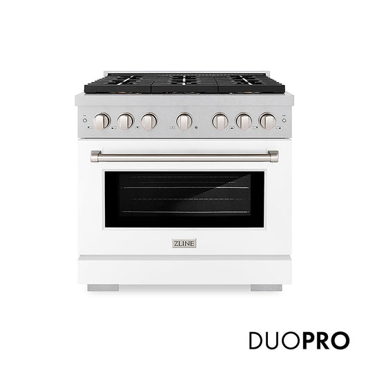 ZLINE 36 in. 5.2 cu. ft. Paramount Dual Fuel Range with 6 Burner DuoPro™ Cooktop and Electric Convection Oven in Satin Stainless Steel with White Matte Door (PSDRS-WM-36)