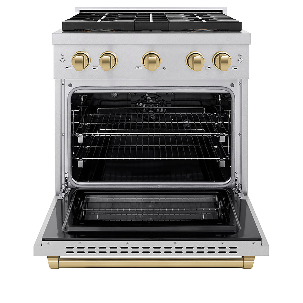 ZLINE Autograph Edition 30 in. 4.2 cu. ft. Paramount Dual Fuel Range with 4 Burner DuoPro™ Cooktop and Electric Convection Oven in Satin Stainless Steel and Champagne Bronze Accents (PSDRSZ-30-CB)