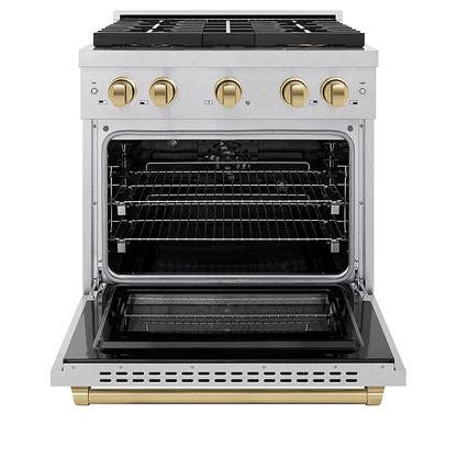 ZLINE Autograph Edition 30 in. 4.2 cu. ft. Paramount Dual Fuel Range with 4 Burner DuoPro™ Cooktop and Electric Convection Oven in Satin Stainless Steel and Champagne Bronze Accents (PSDRSZ-30-CB)