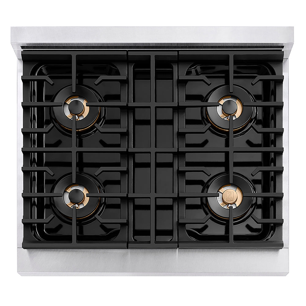 ZLINE Autograph Edition 30 in. 4.2 cu. ft. Paramount Dual Fuel Range with 4 Burner DuoPro™ Cooktop and Electric Convection Oven in Satin Stainless Steel and Champagne Bronze Accents (PSDRSZ-30-CB)
