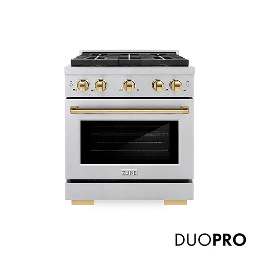 ZLINE Autograph Edition 30 in. 4.2 cu. ft. Paramount Dual Fuel Range with 4 Burner DuoPro™ Cooktop and Electric Convection Oven in Satin Stainless Steel and Polished Gold Accents (PSDRSZ-30-G)
