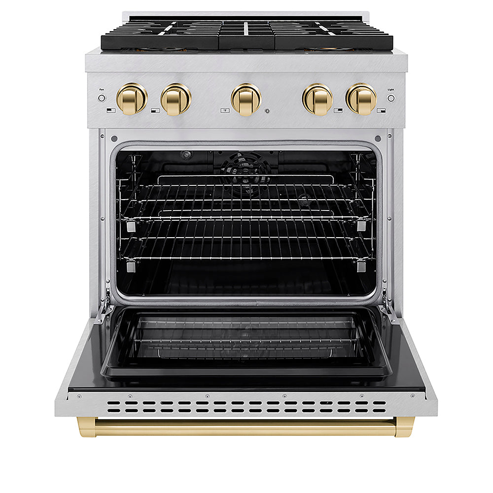 ZLINE Autograph Edition 30 in. 4.2 cu. ft. Paramount Dual Fuel Range with 4 Burner DuoPro™ Cooktop and Electric Convection Oven in Satin Stainless Steel and Polished Gold Accents (PSDRSZ-30-G)