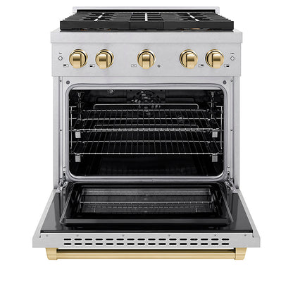 ZLINE Autograph Edition 30 in. 4.2 cu. ft. Paramount Dual Fuel Range with 4 Burner DuoPro™ Cooktop and Electric Convection Oven in Satin Stainless Steel and Polished Gold Accents (PSDRSZ-30-G)