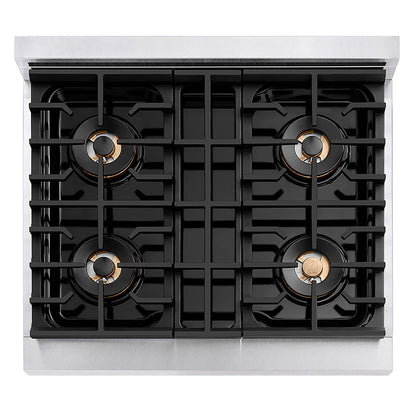 ZLINE Autograph Edition 30 in. 4.2 cu. ft. Paramount Dual Fuel Range with 4 Burner DuoPro™ Cooktop and Electric Convection Oven in Satin Stainless Steel and Polished Gold Accents (PSDRSZ-30-G)