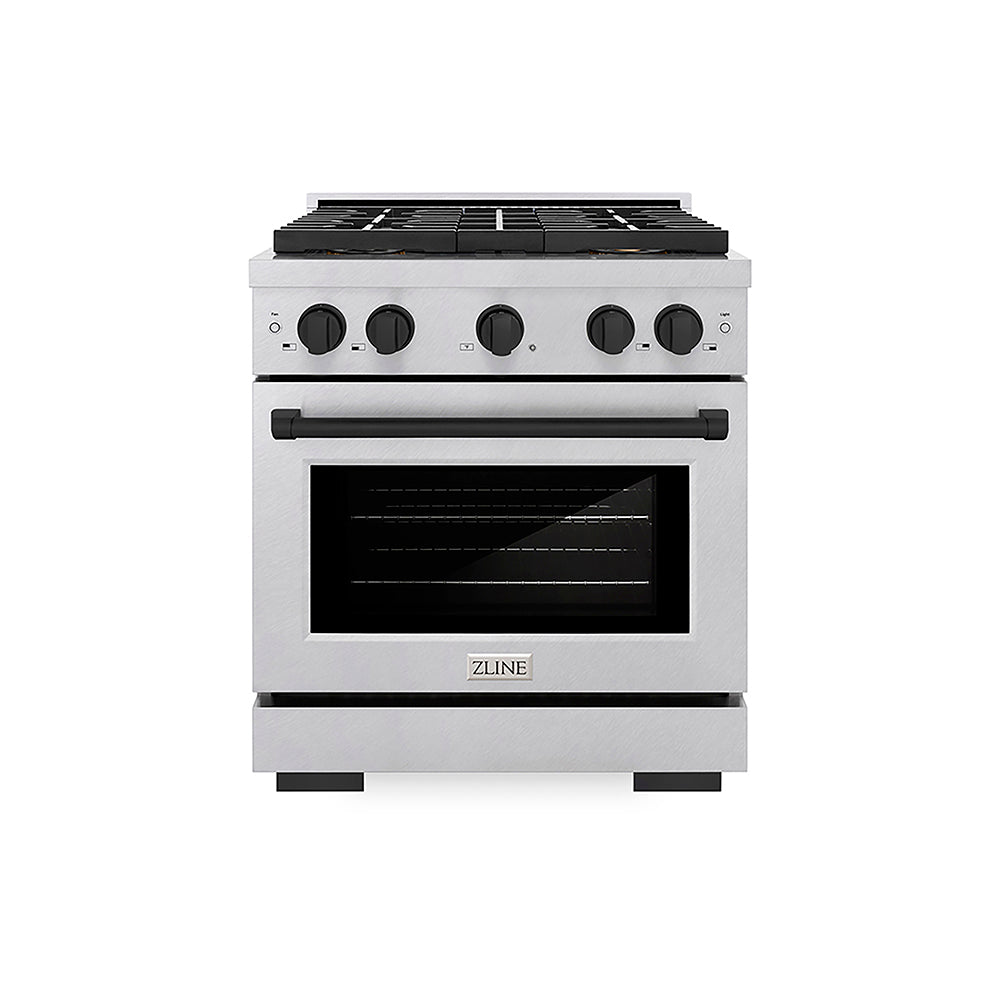 ZLINE Autograph Edition 30 in. 4.2 cu. ft. Paramount Dual Fuel Range with 4 Burner DuoPro™ Cooktop and Electric Convection Oven in Satin Stainless Steel and Matte Black Accents (PSDRSZ-30-MB)