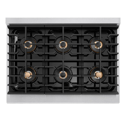 ZLINE Autograph Edition 36 in. 5.2 cu. ft. Paramount Dual Fuel Range with 6 Burner DuoPro™ Cooktop and Electric Convection Oven in Satin Stainless Steel and Champagne Bronze Accents (PSDRSZ-36-CB)