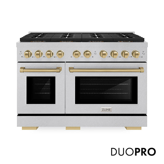 ZLINE Autograph Edition 48 in. 6.7 cu. ft. Paramount Dual Fuel Range with 8 Burner DuoPro™ Cooktop and Dual Ovens in Satin Stainless Steel and Champagne Bronze Accents (PSDRSZ-48-CB)
