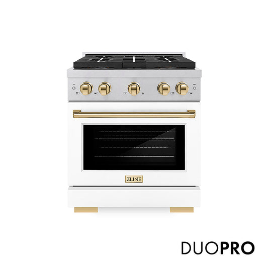ZLINE Autograph Edition 30 in. 4.2 cu. ft. Paramount Dual Fuel Range with 4 Burner DuoPro™ Cooktop and Electric Convection Oven in Satin Stainless Steel with White Matte Door and Polished Gold Accents (PSDRSZ-WM-30-G)