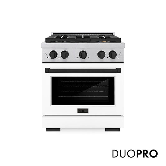 ZLINE Autograph Edition 30 in. 4.2 cu. ft. Paramount Dual Fuel Range with 4 Burner DuoPro™ Cooktop and Electric Convection Oven in Satin Stainless Steel with White Matte Door and Matte Black Accents (PSDRSZ-WM-30-MB)