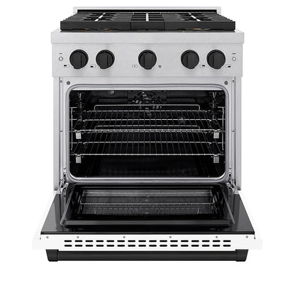ZLINE Autograph Edition 30 in. 4.2 cu. ft. Paramount Dual Fuel Range with 4 Burner DuoPro™ Cooktop and Electric Convection Oven in Satin Stainless Steel with White Matte Door and Matte Black Accents (PSDRSZ-WM-30-MB)