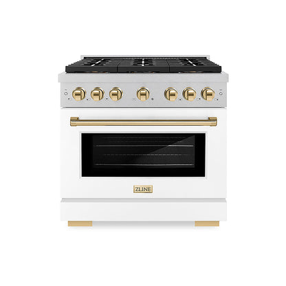 ZLINE Autograph Edition 36 in. 5.2 cu. ft. Paramount Dual Fuel Range with 6 Burner DuoPro™ Cooktop and Electric Convection Oven in Satin Stainless Steel with White Matte Door and Polished Gold Accents (PSDRSZ-WM-36-G)
