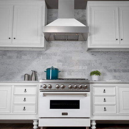 ZLINE 30 in. 4.0 cu. ft. Legacy Dual Fuel Range with 4 Burner Gas Cooktop and Electric Convection Oven in Satin Stainless Steel and White Matte Door (RAS-WM-30)