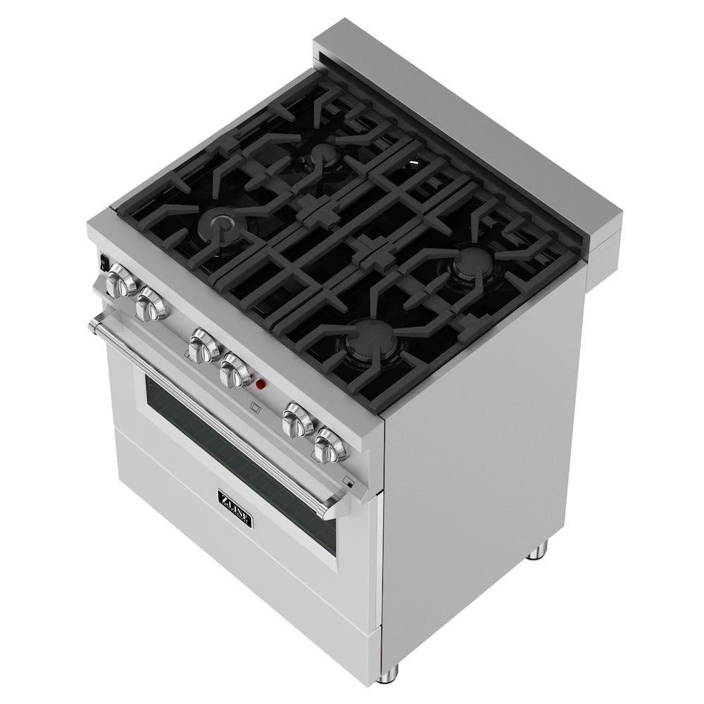 ZLINE 30 in. 4.0 cu. ft. Legacy Dual Fuel Range with 4 Burner Gas Cooktop and Electric Convection Oven in Satin Stainless Steel and White Matte Door (RAS-WM-30)