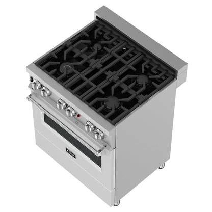 ZLINE 30 in. 4.0 cu. ft. Legacy Dual Fuel Range with 4 Burner Gas Cooktop and Electric Convection Oven in Satin Stainless Steel and White Matte Door (RAS-WM-30)