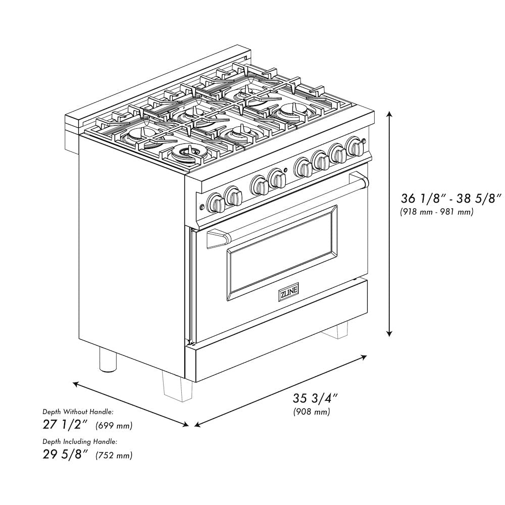 ZLINE 36 in. 4.6 cu. ft. Legacy Dual Fuel Range with 6 Burner Gas Cooktop and Electric Convection Oven in Satin Stainless Steel and White Matte Door (RAS-WM-36)