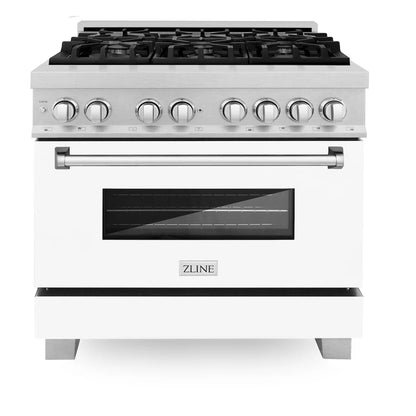 ZLINE 36 in. 4.6 cu. ft. Legacy Dual Fuel Range with 6 Burner Gas Cooktop and Electric Convection Oven in DuraSnow® Stainless Steel with White Matte Door and Griddle (RAS-WM-GR-36)