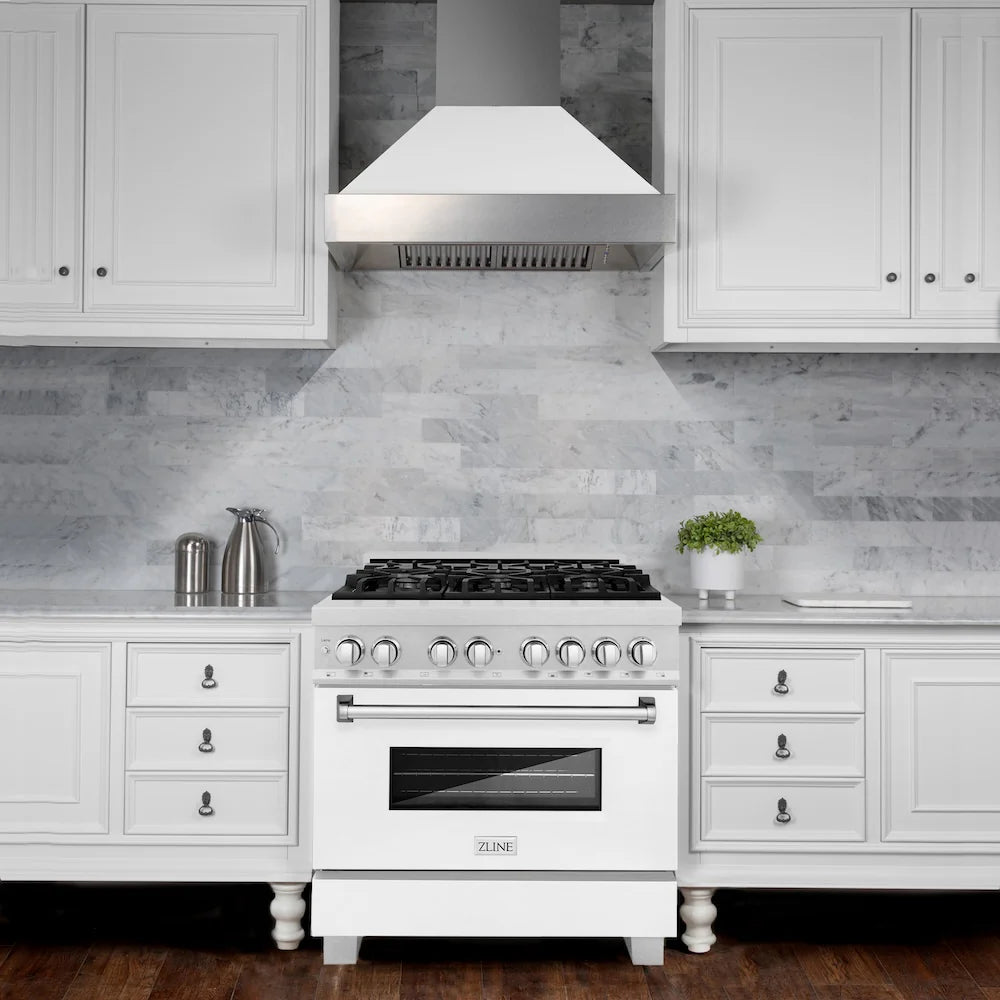 ZLINE 36 in. 4.6 cu. ft. Legacy Dual Fuel Range with 6 Burner Gas Cooktop and Electric Convection Oven in DuraSnow® Stainless Steel with White Matte Door and Griddle (RAS-WM-GR-36)