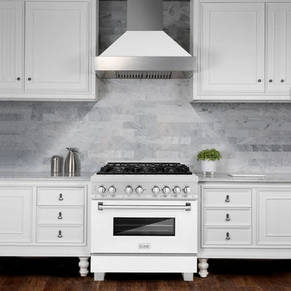 ZLINE 36 in. 4.6 cu. ft. Legacy Dual Fuel Range with 6 Burner Gas Cooktop and Electric Convection Oven in DuraSnow® Stainless Steel with White Matte Door and Griddle (RAS-WM-GR-36)