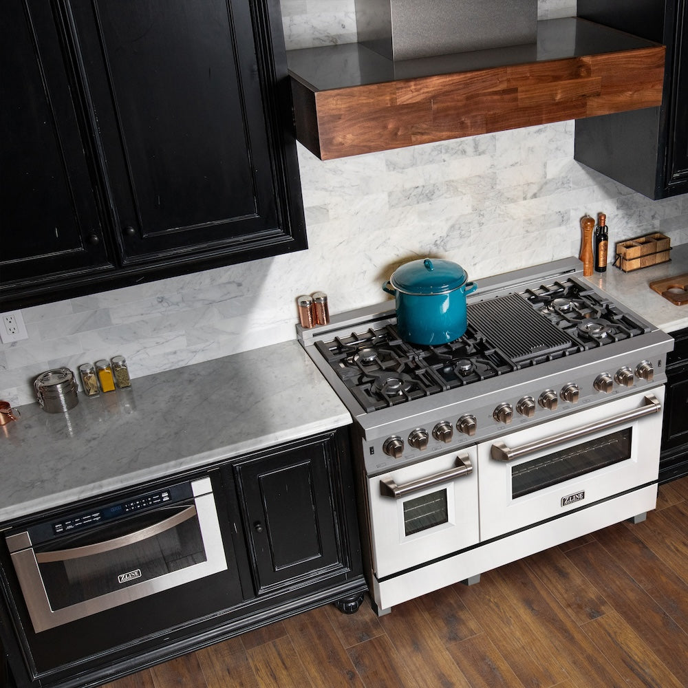 ZLINE 48 in. 6.0 cu. ft. Legacy Dual Fuel Range with 7 Burner Gas Cooktop and 2 Electric Ovens in Satin Stainless Steel and White Matte Doors (RAS-WM-48)