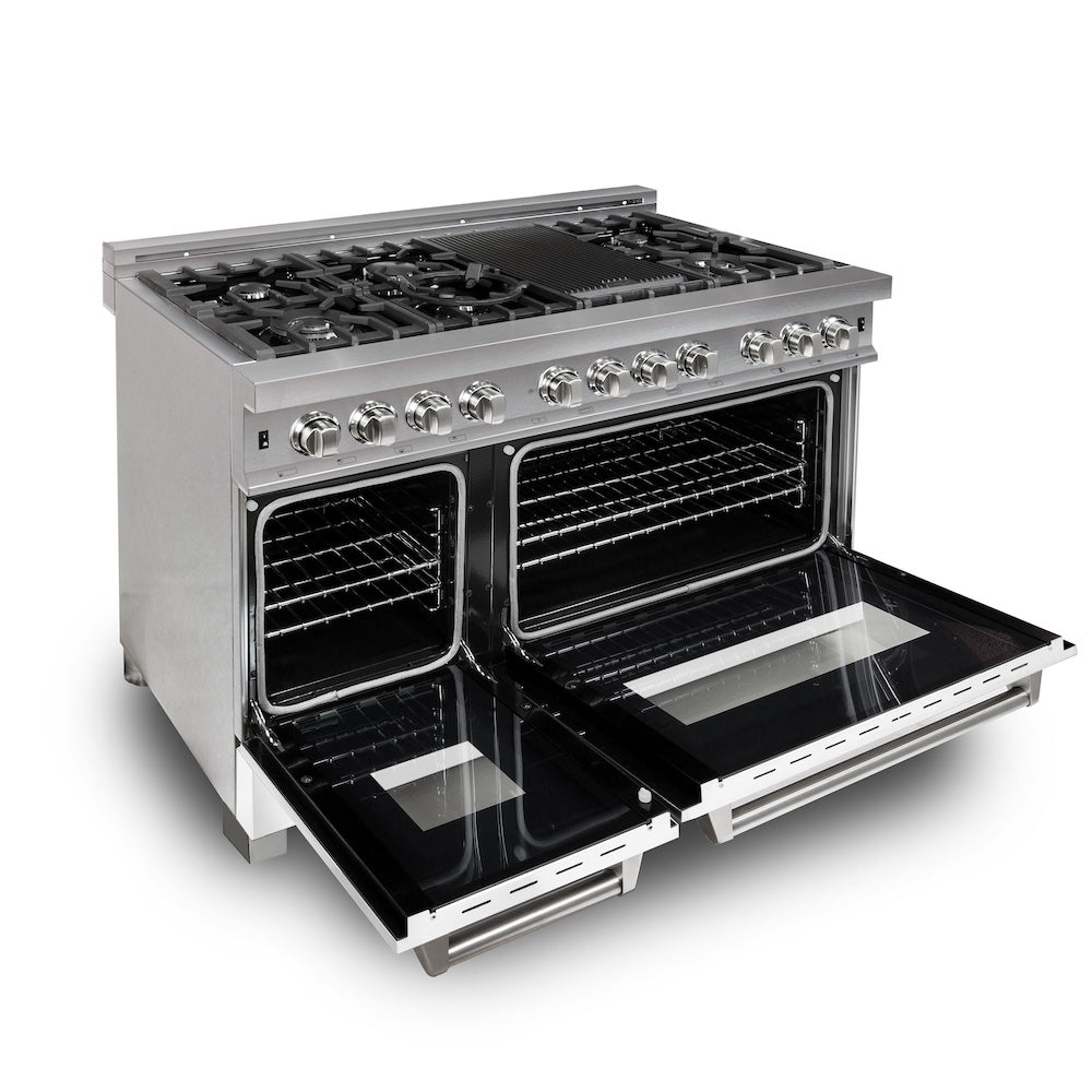 ZLINE 48 in. 6.0 cu. ft. Legacy Dual Fuel Range with 7 Burner Gas Cooktop and 2 Electric Ovens in Satin Stainless Steel and White Matte Doors (RAS-WM-48)