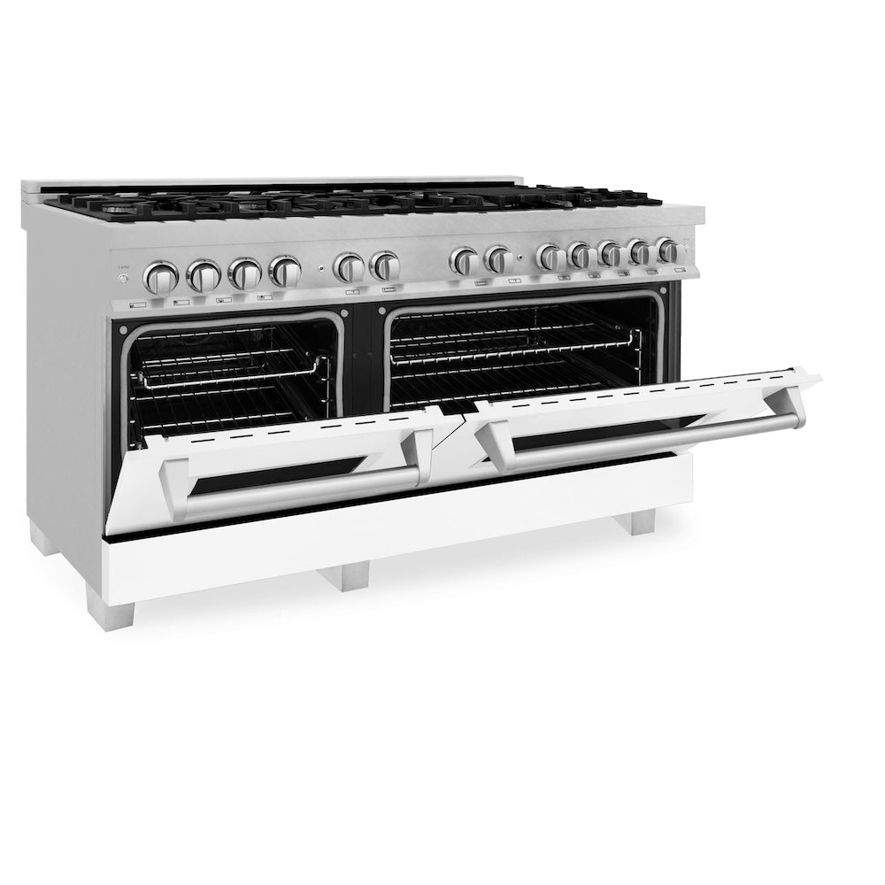 ZLINE 60 in. 7.4 cu. ft. Legacy Dual Fuel Range with 9 Burner Gas Cooktop and 2 Electric Convection Ovens in Satin Stainless Steel and White Matte Doors (RAS-WM-60)