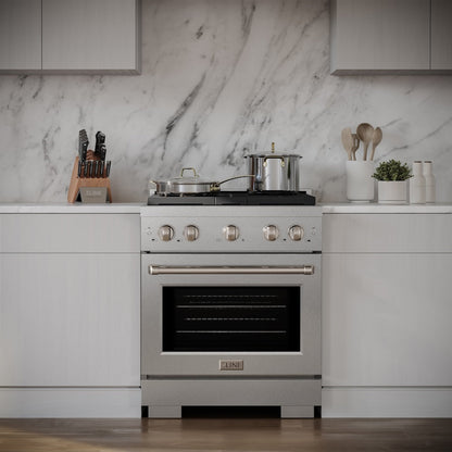 ZLINE 30 in. 4.2 cu. ft. Paramount Gas Range with 4 Burner Cooktop and Convection Gas Oven in Satin Stainless Steel (SGRS-30)