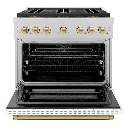 ZLINE Autograph Edition 36 in. 5.2 cu. ft. Paramount Dual Fuel Range with 6 Burner DuoPro™ Cooktop and Electric Convection Oven in Satin Stainless Steel with White Matte Door and Champagne Bronze Accents (PSDRSZ-WM-36-CB)