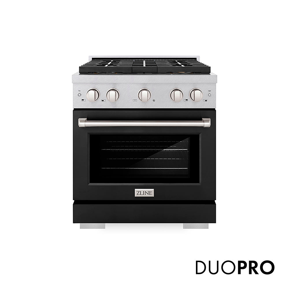 ZLINE 30 in. 4.2 cu. ft. Paramount Gas Range with 4 Burner DuoPro™ Cooktop and Convection Gas Oven in Satin Stainless Steel with Black Matte Door (PSGRS-BLM-30)