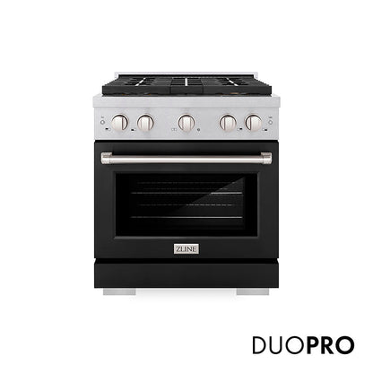 ZLINE 30 in. 4.2 cu. ft. Paramount Gas Range with 4 Burner DuoPro™ Cooktop and Convection Gas Oven in Satin Stainless Steel with Black Matte Door (PSGRS-BLM-30)