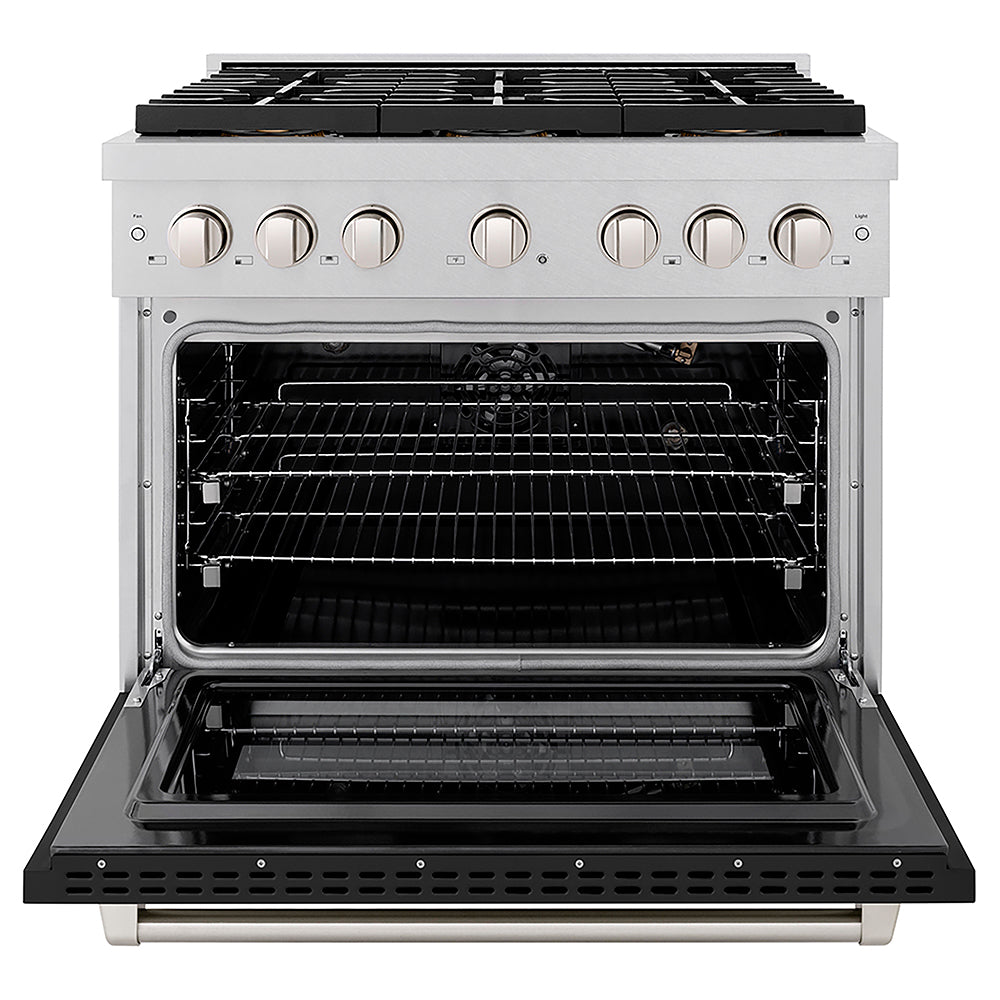 ZLINE 36 in. 5.2 cu. ft. Paramount Gas Range with 6 Burner DuoPro™ Cooktop and Convection Gas Oven in Satin Stainless Steel with Black Matte Door (PSGRS-BLM-36)