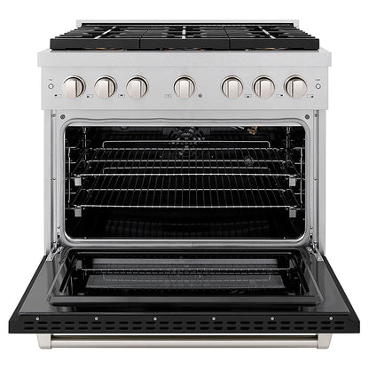 ZLINE 36 in. 5.2 cu. ft. Paramount Gas Range with 6 Burner DuoPro™ Cooktop and Convection Gas Oven in Satin Stainless Steel with Black Matte Door (PSGRS-BLM-36)