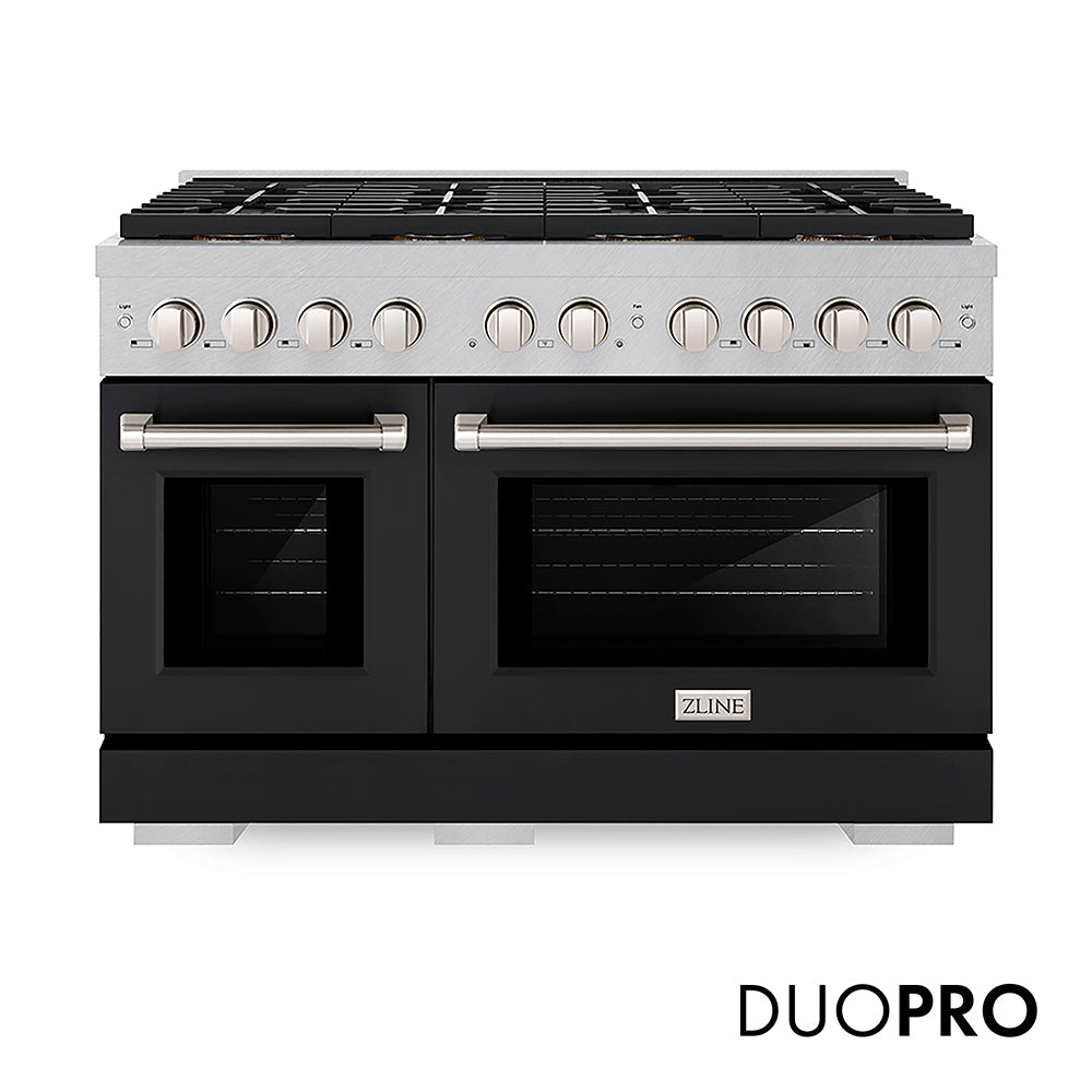 ZLINE 48 in. 6.7 cu. ft. Paramount Gas Range with 8 Burner DuoPro™ Cooktop and Dual Ovens in Satin Stainless Steel with Black Matte Doors (PSGRS-BLM-48)
