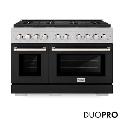 ZLINE 48 in. 6.7 cu. ft. Paramount Gas Range with 8 Burner DuoPro™ Cooktop and Dual Ovens in Satin Stainless Steel with Black Matte Doors (PSGRS-BLM-48)